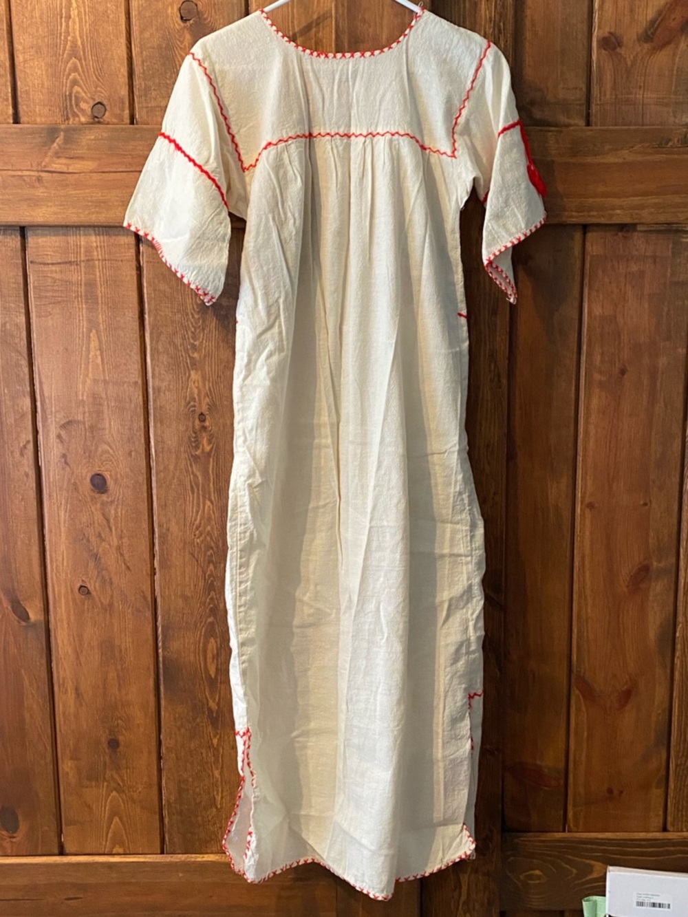 Vintage Cream Maxi Dress with Red & Green Floral Crewel Embroidery - Picture 3 of 3